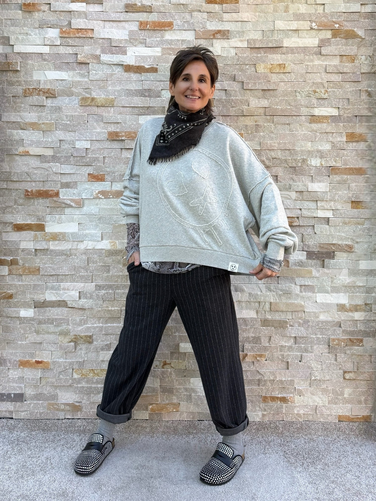 Oversized Sweatshirt OUBIGGY mit Smiley in light grey melange