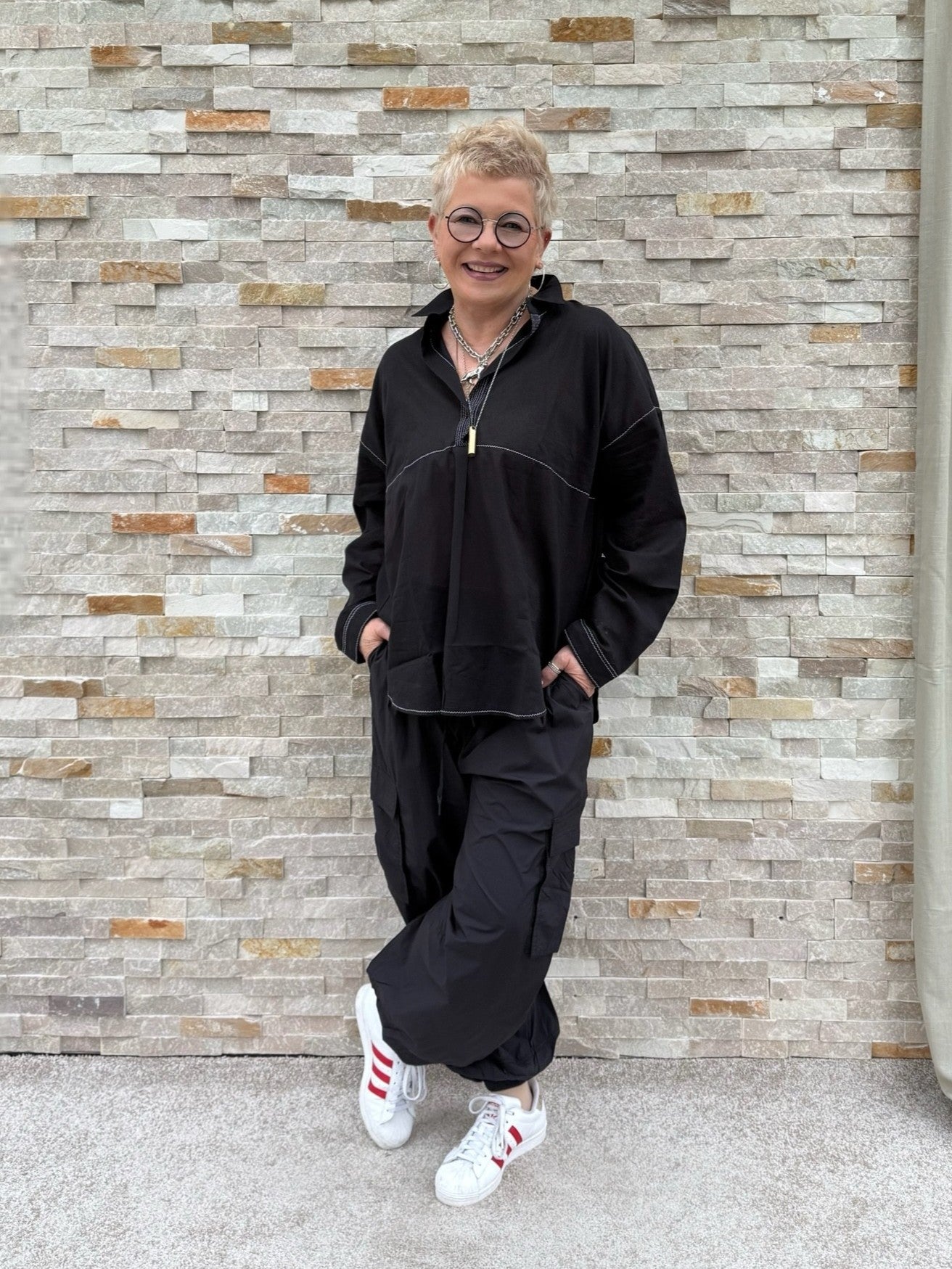 Tunika Bluse Voile in Schwarz mit Kontraststich