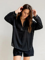 Tunika Bluse Voile in Schwarz mit Kontraststich