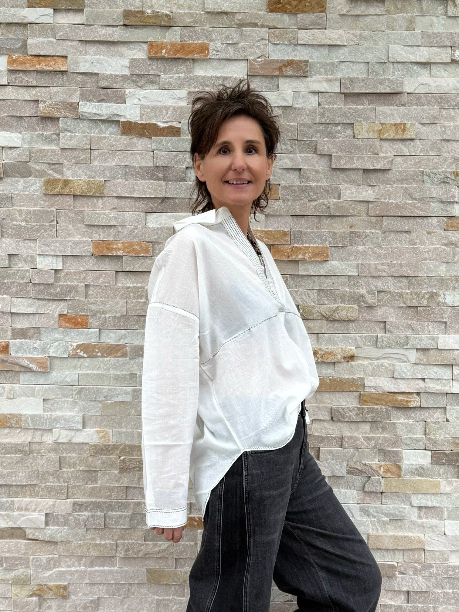 Tunika Bluse Voile in Weiß mit Kontraststich