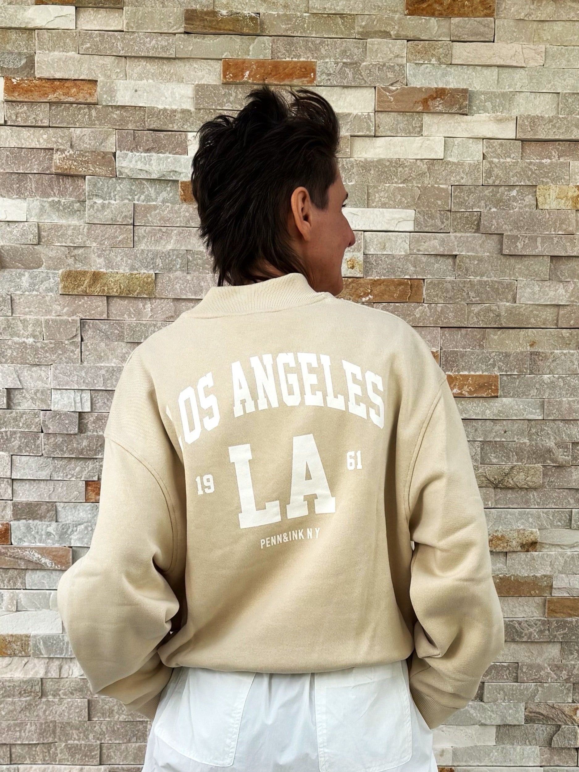 Sweat Jacke mit Rückendruck LA in Oyster/Ecru