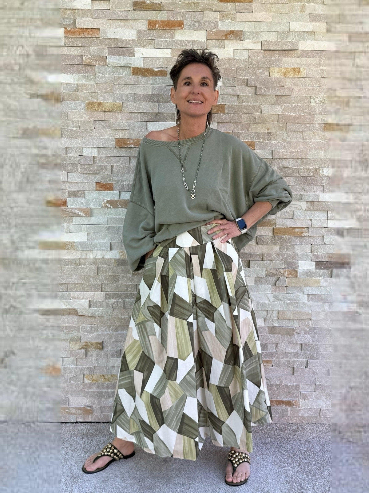 Maxi Rock grafisches Muster Khaki