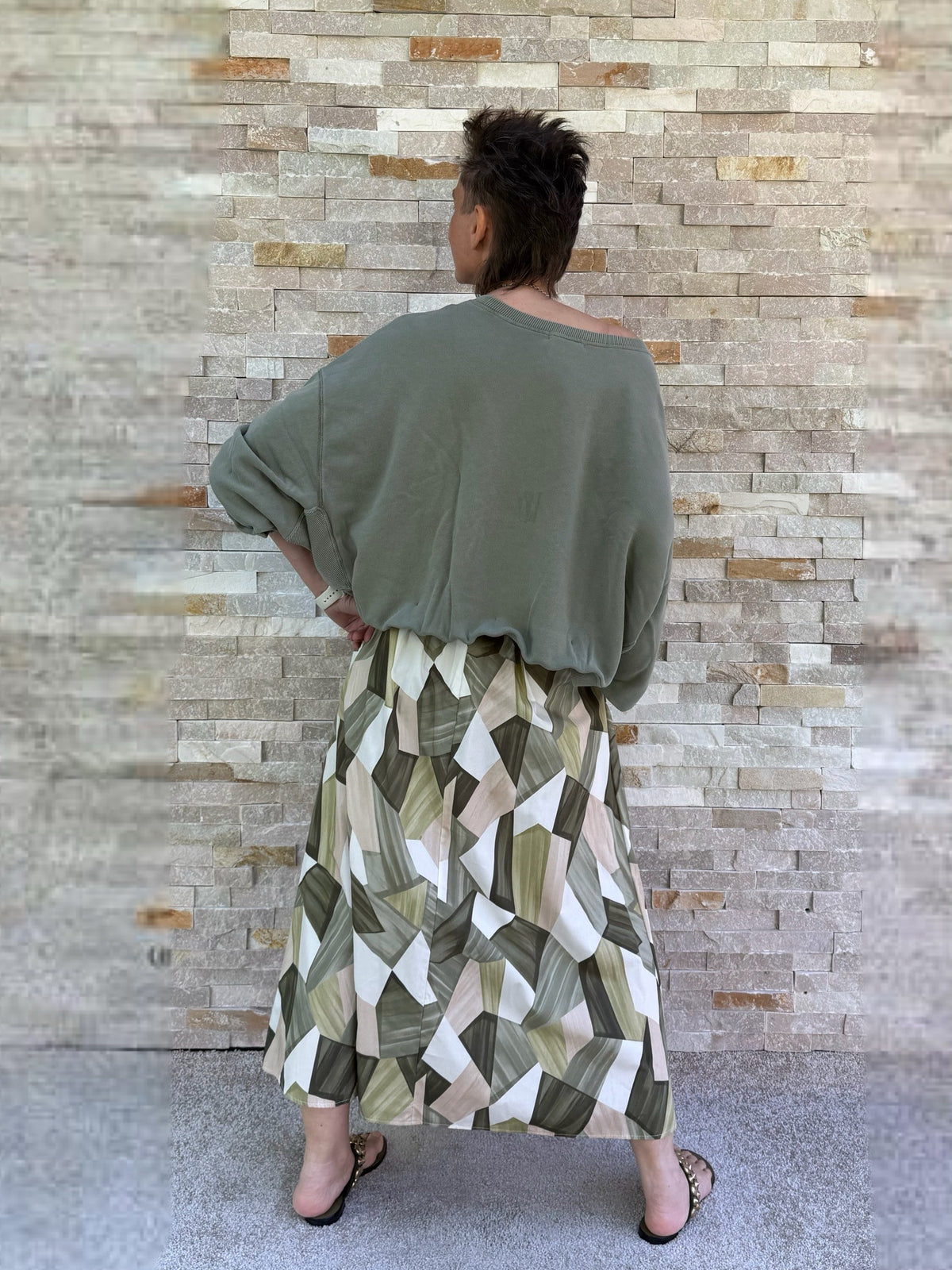 Maxi Rock grafisches Muster Khaki