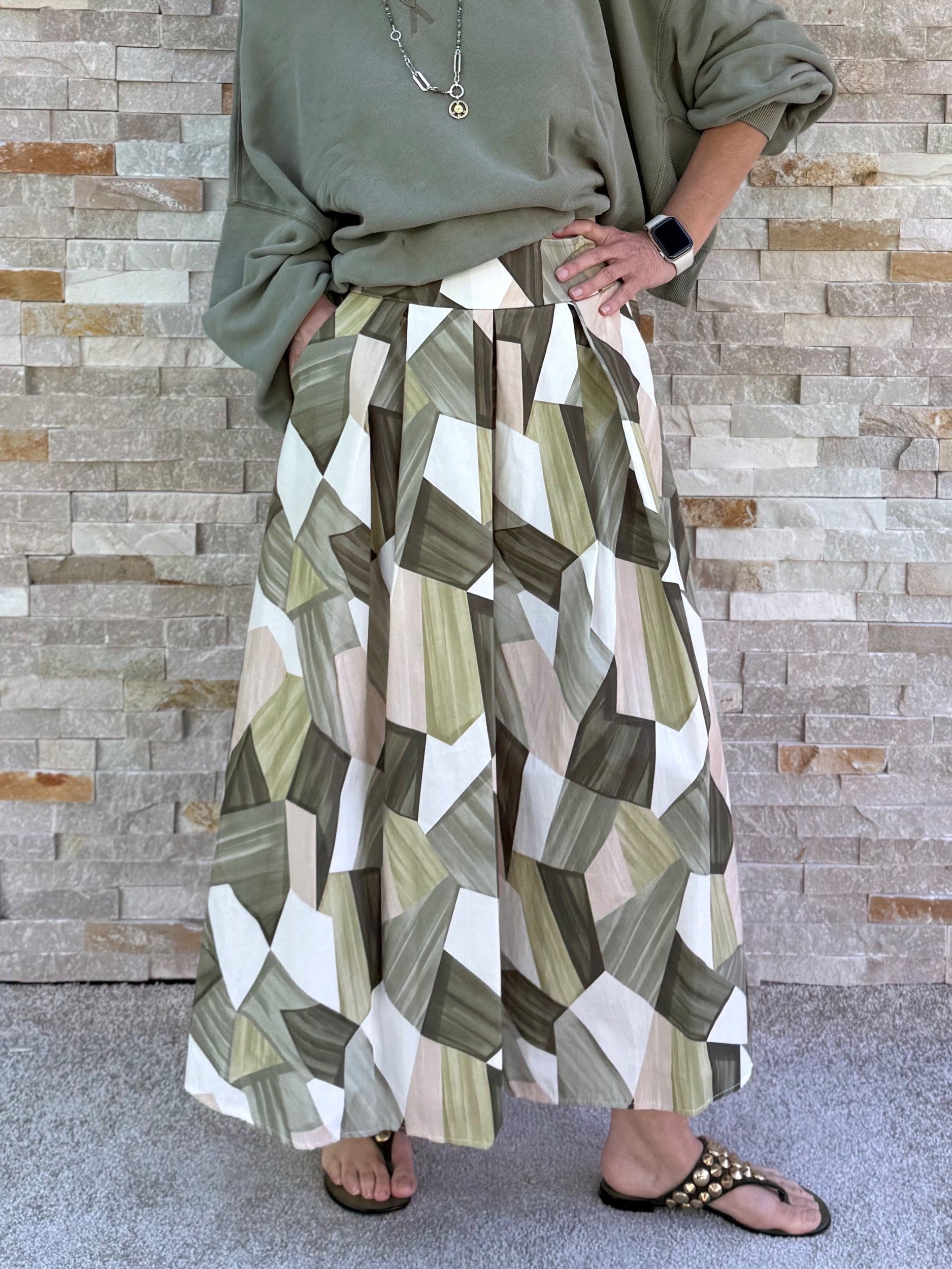 Maxi Rock grafisches Muster Khaki
