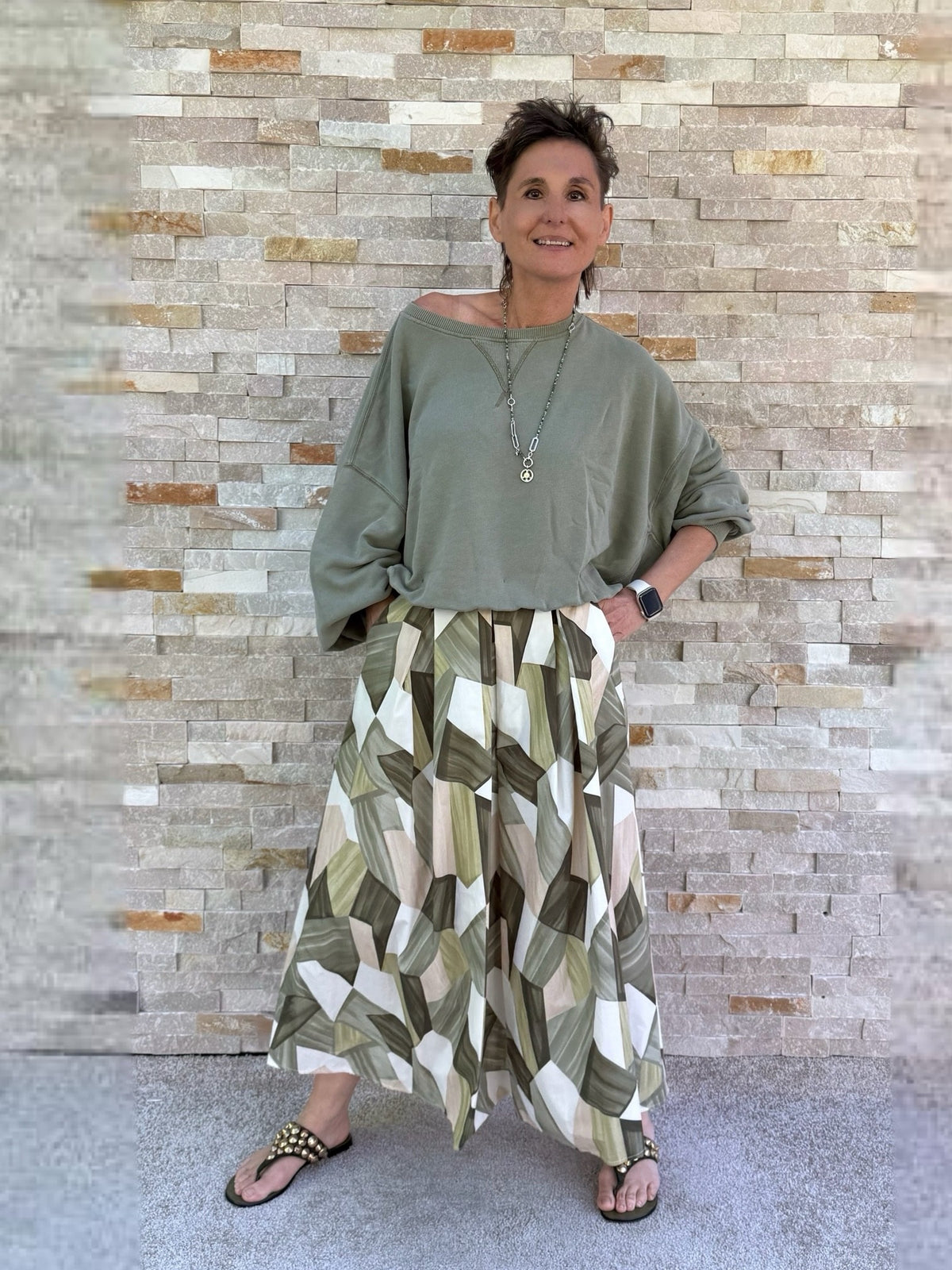 Maxi Rock grafisches Muster Khaki