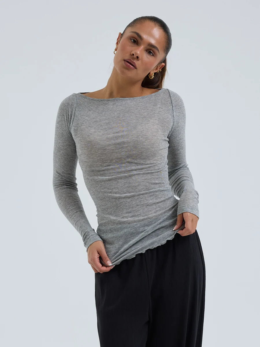 Langarm Shirt Boat Neck in Grau Melange