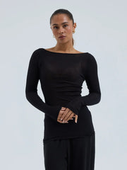 Langarm Shirt Boat Neck in Schwarz