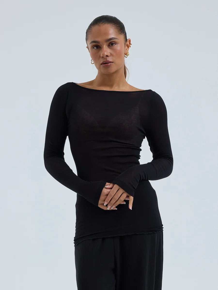 Langarm Shirt Boat Neck in Schwarz