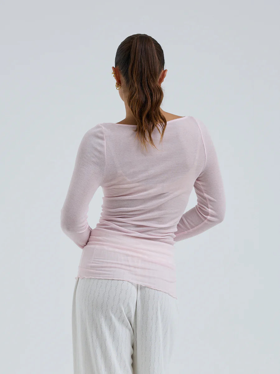 Long-sleeve shirt with bateau neckline in Pale Rose