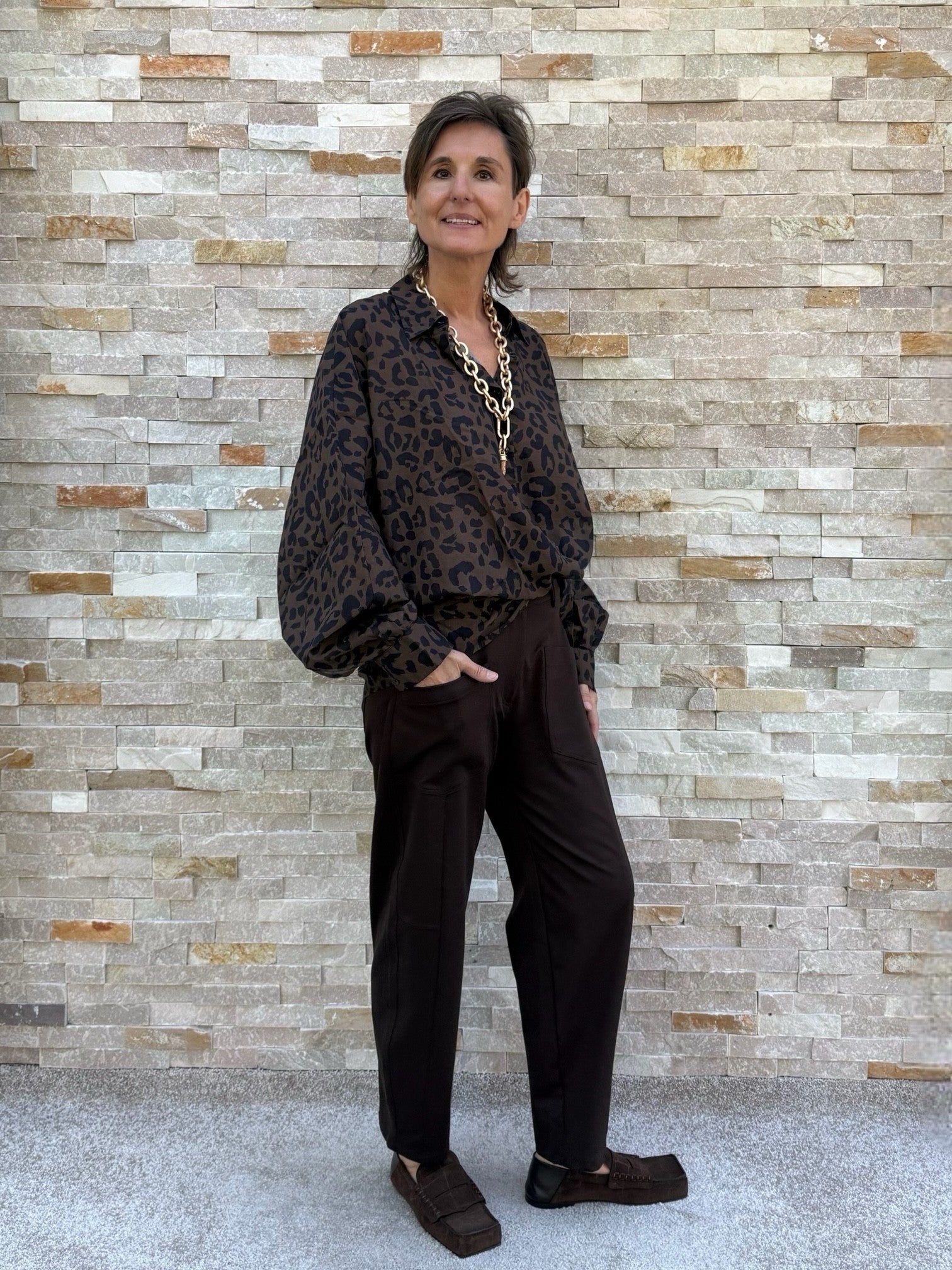 Bluse BAL:LEO mit Ballonärmel und Animal Print Braun-Schwarz