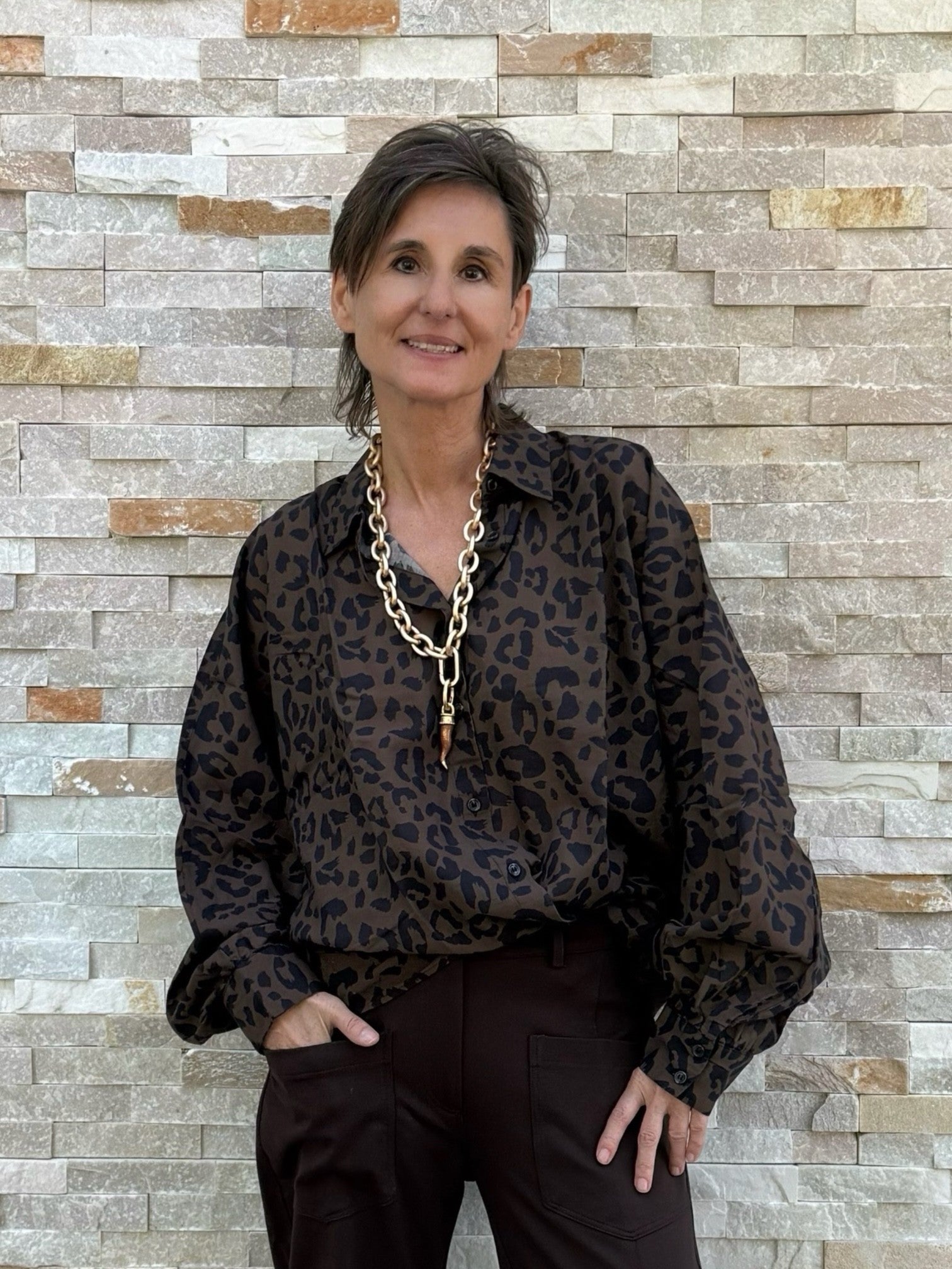 Bluse BAL:LEO mit Ballonärmel und Animal Print Braun-Schwarz