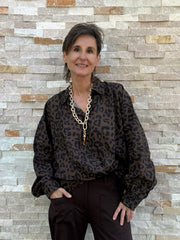 Bluse BAL:LEO mit Ballonärmel und Animal Print Braun-Schwarz