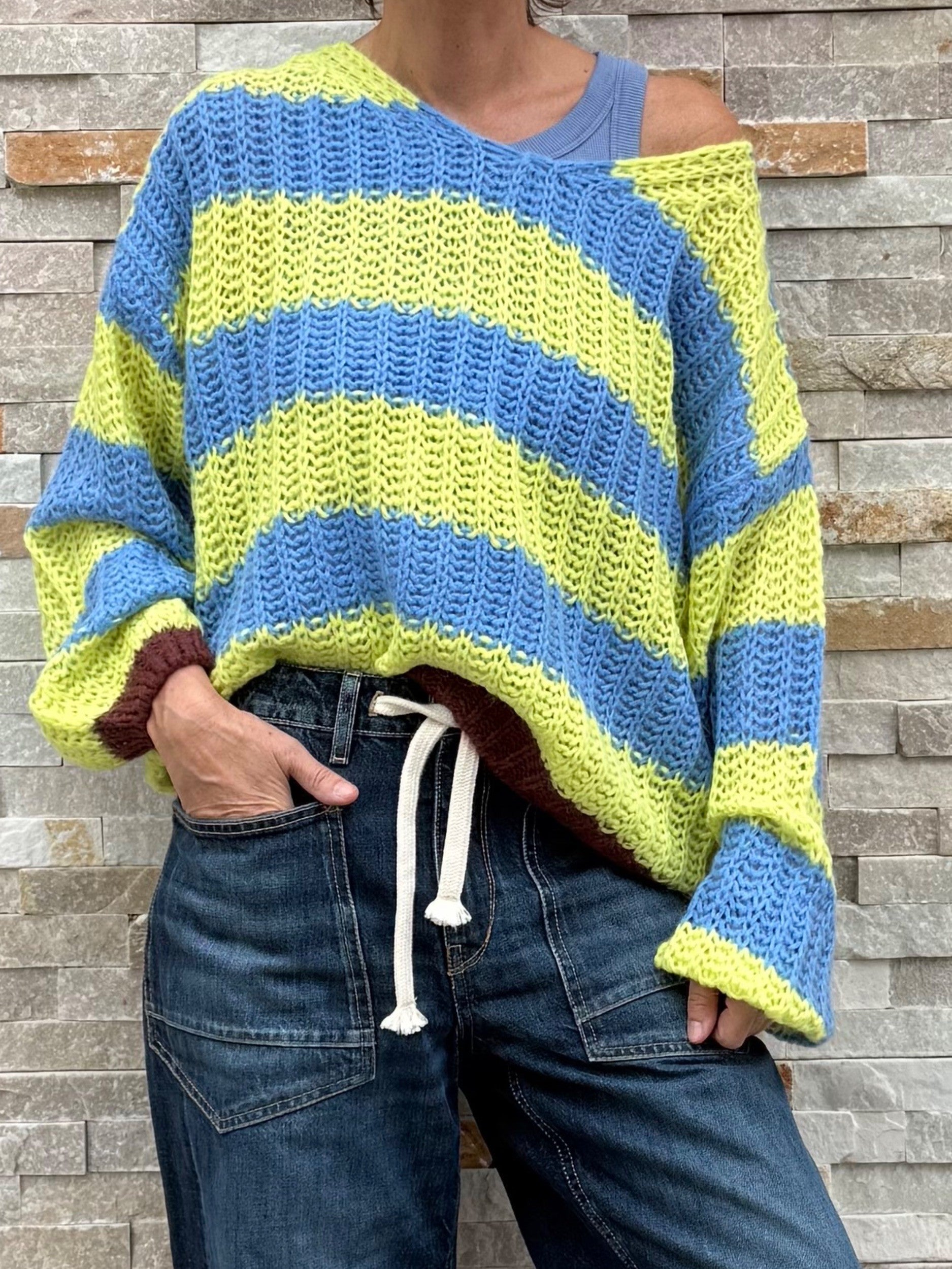 Gestreifter Pullover KI:LIAN Loose Knit lemon - blue