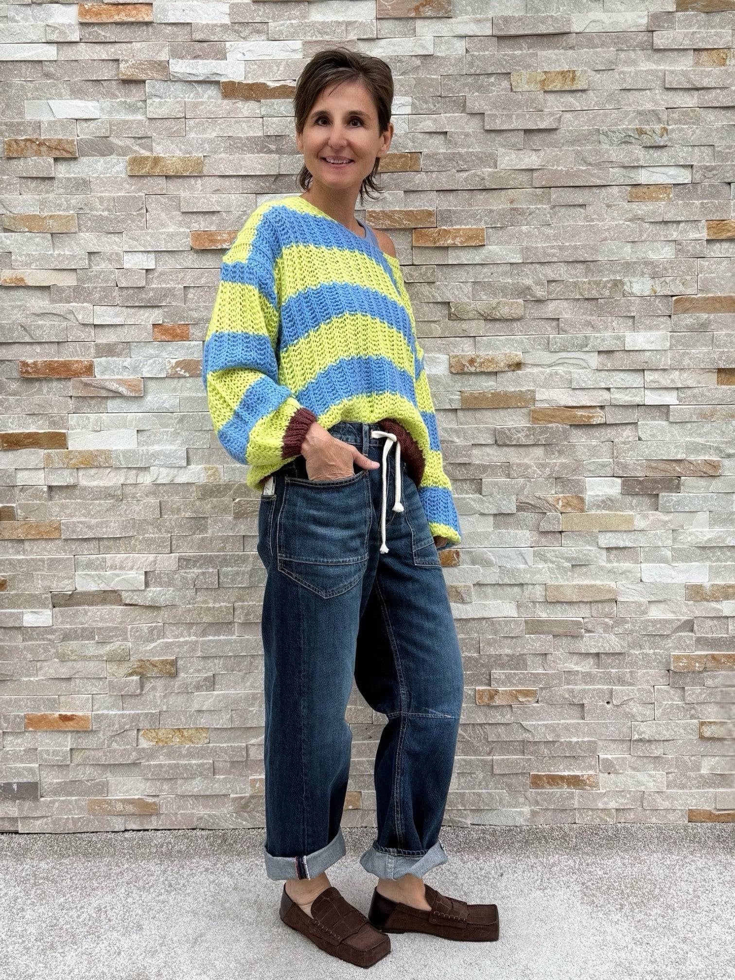 Gestreifter Pullover KI:LIAN Loose Knit lemon - blue