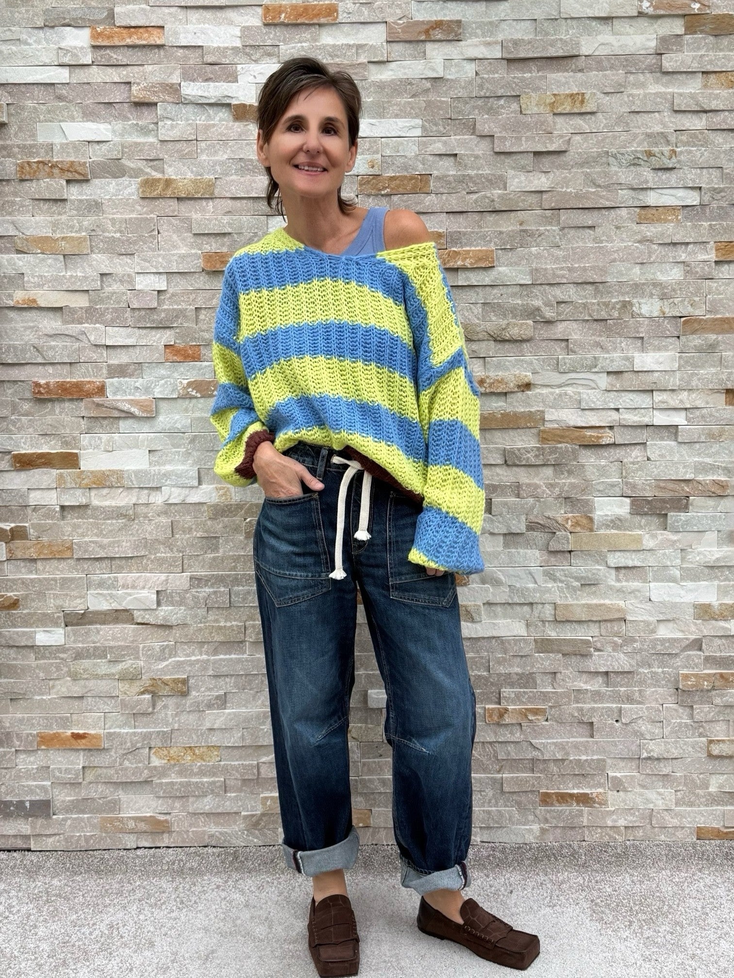 Gestreifter Pullover KI:LIAN Loose Knit lemon - blue