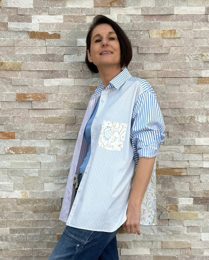 Hemdbluse mit Material-Muster-Streifen-Mix