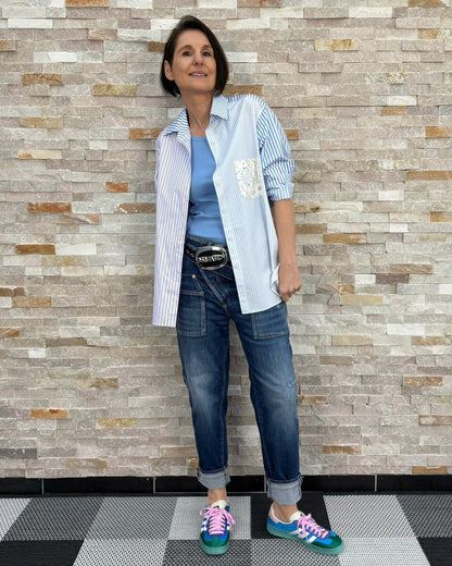 Hemdbluse mit Material-Muster-Streifen-Mix
