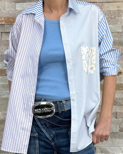 Hemdbluse mit Material-Muster-Streifen-Mix