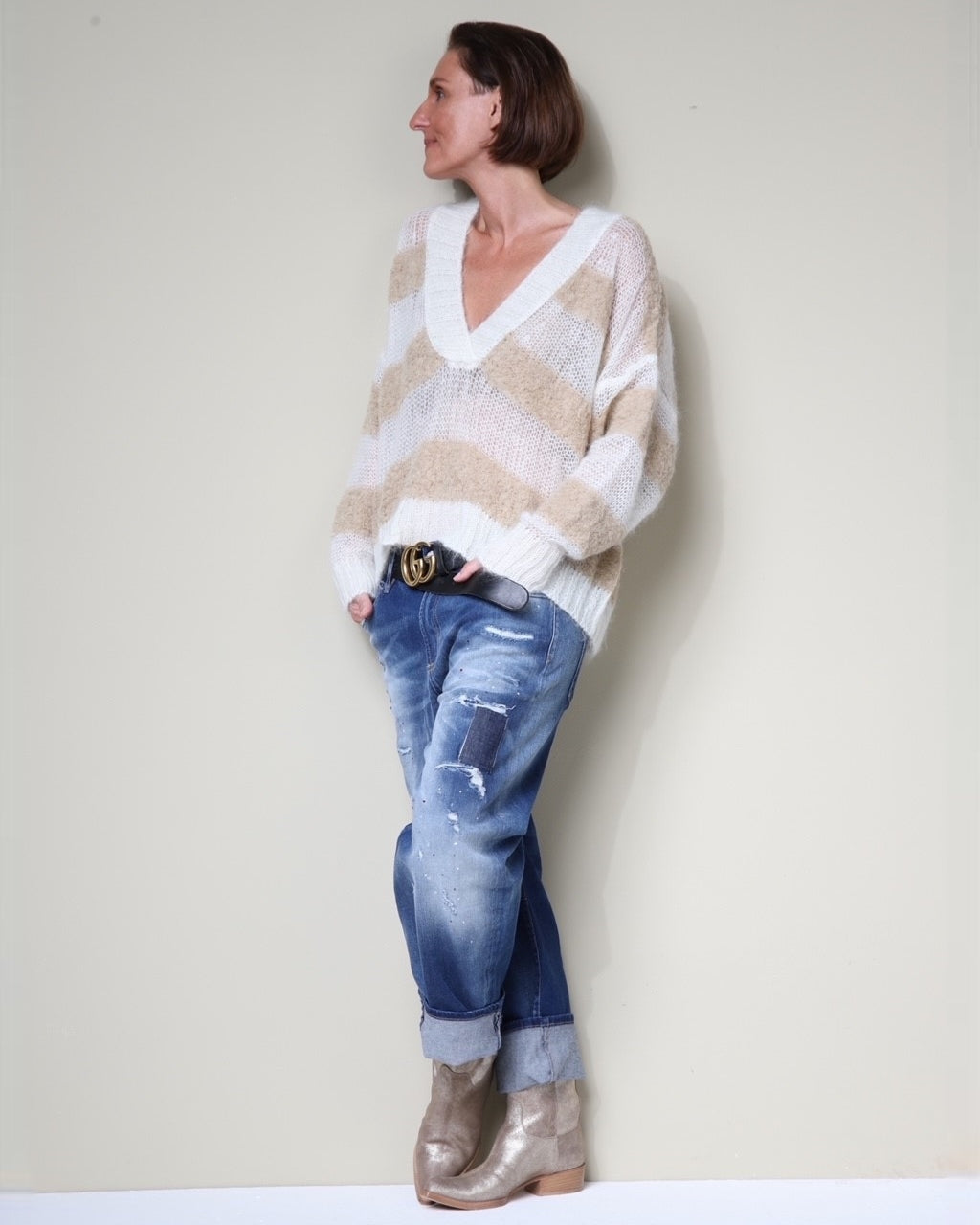 Mohair Streifenpullover mit V-Ausschnitt Camel-Ecru