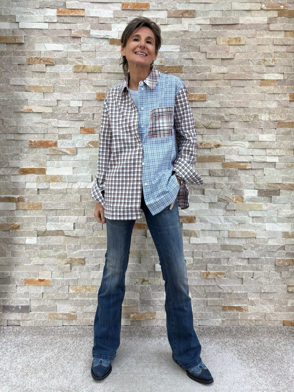 Hemd Bluse Karo Patchwork Bordeaux- Blue