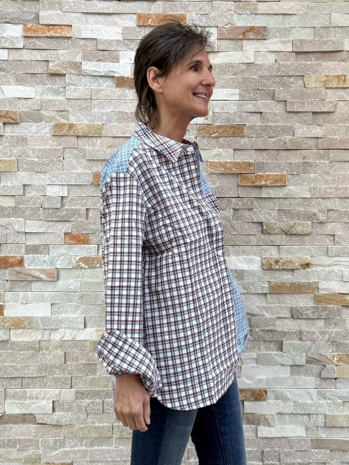 Hemd Bluse Karo Patchwork Bordeaux- Blue
