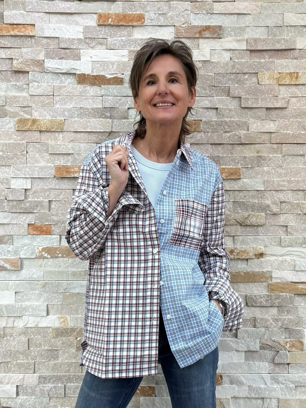 Hemd Bluse Karo Patchwork Bordeaux- Blue
