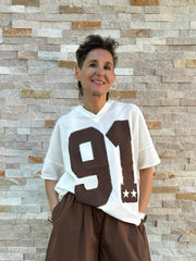 Oversized Shirt mit "91" Druck & Pailletten in Offwhite - Braun