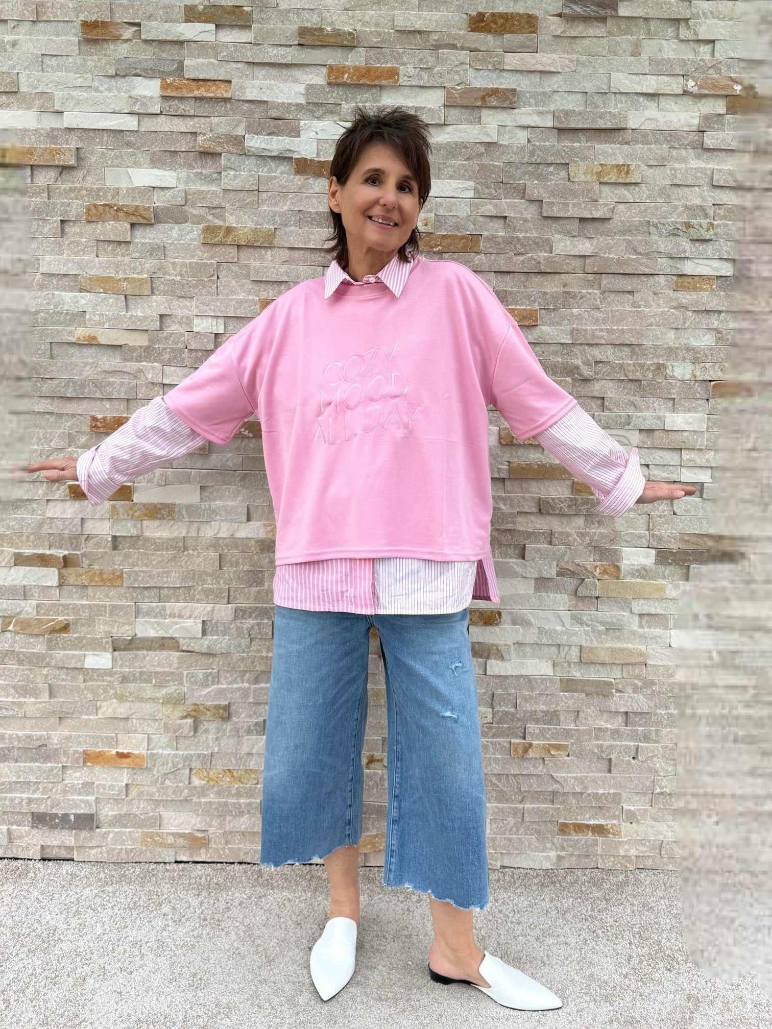 Scuba boxy Shirt 1/2 Arm mit Stickerei in Light Pink