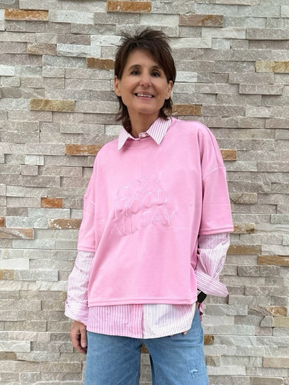 Scuba boxy Shirt 1/2 Arm mit Stickerei in Light Pink