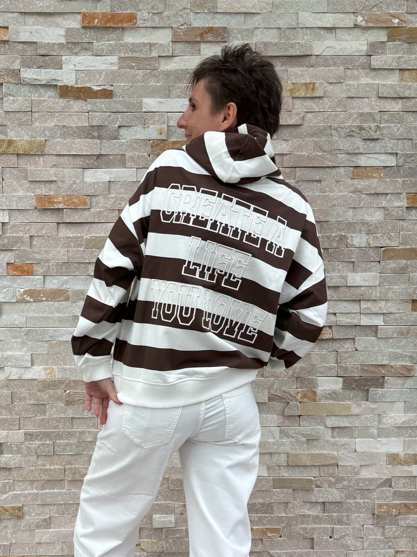 Hoodie mit Blockstreifen in Ecru - Espresso