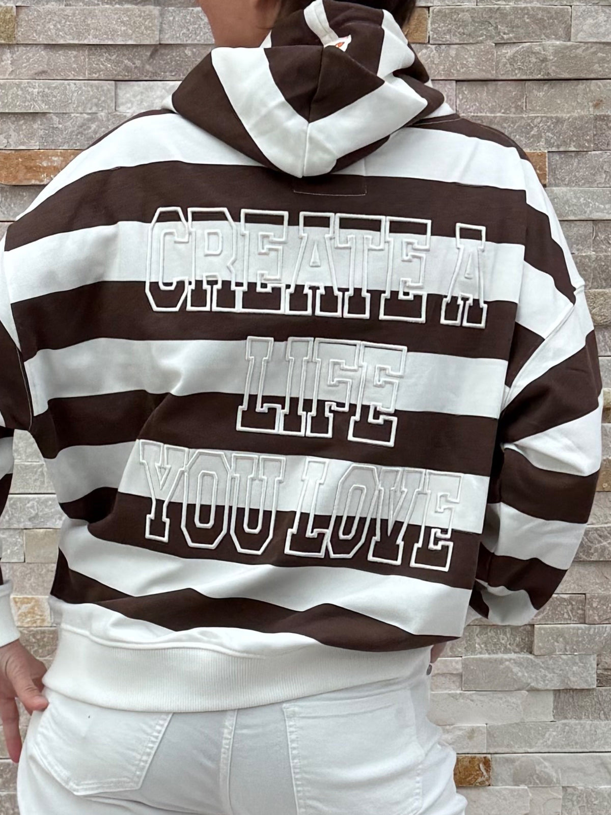 Hoodie with color block stripes in ecru - espresso
