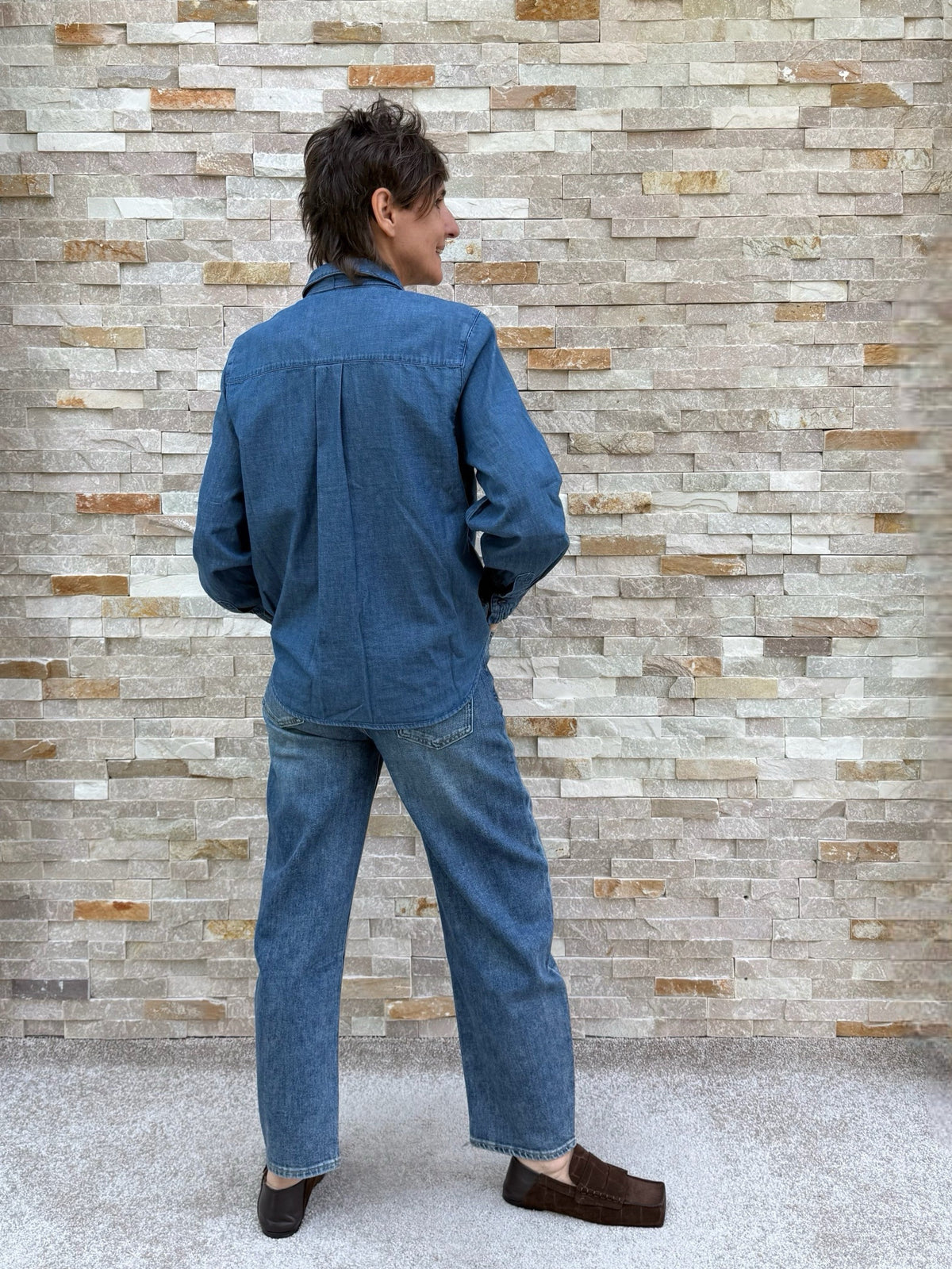 Jean Blouse with Ruffle Details and Bow in Mid-Blue
