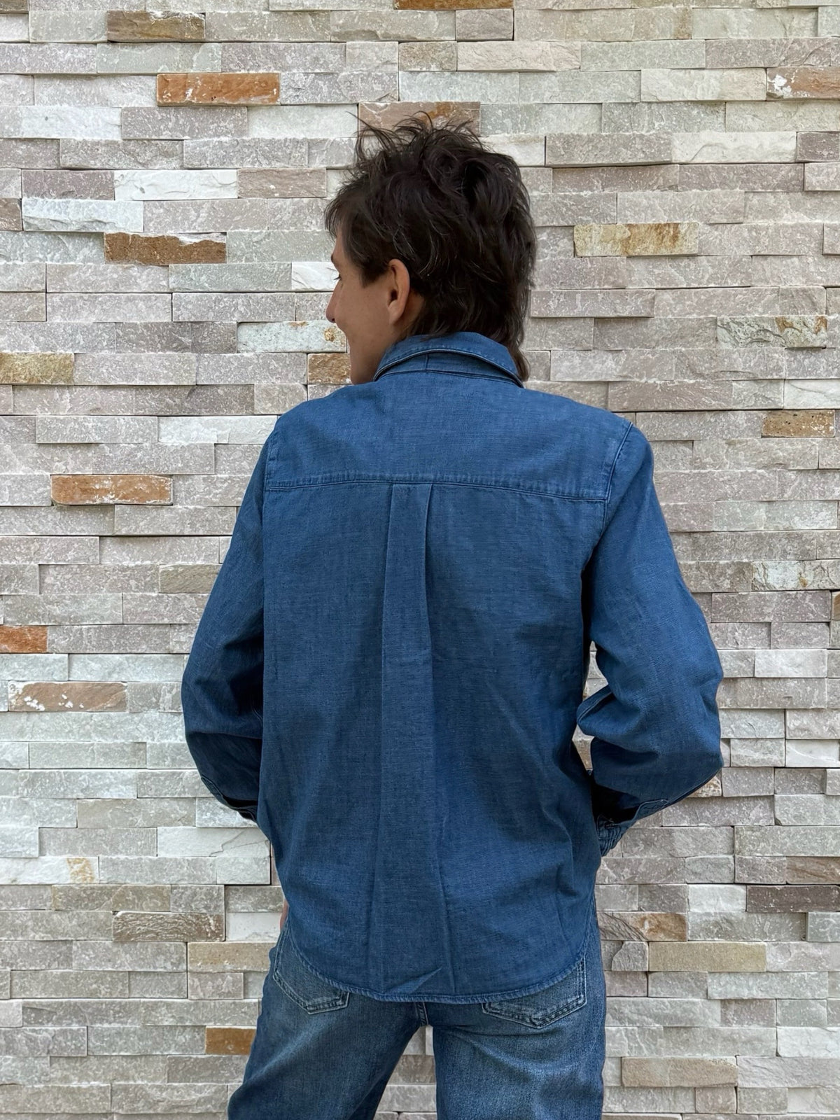 Jean Blouse with Ruffle Details and Bow in Mid-Blue