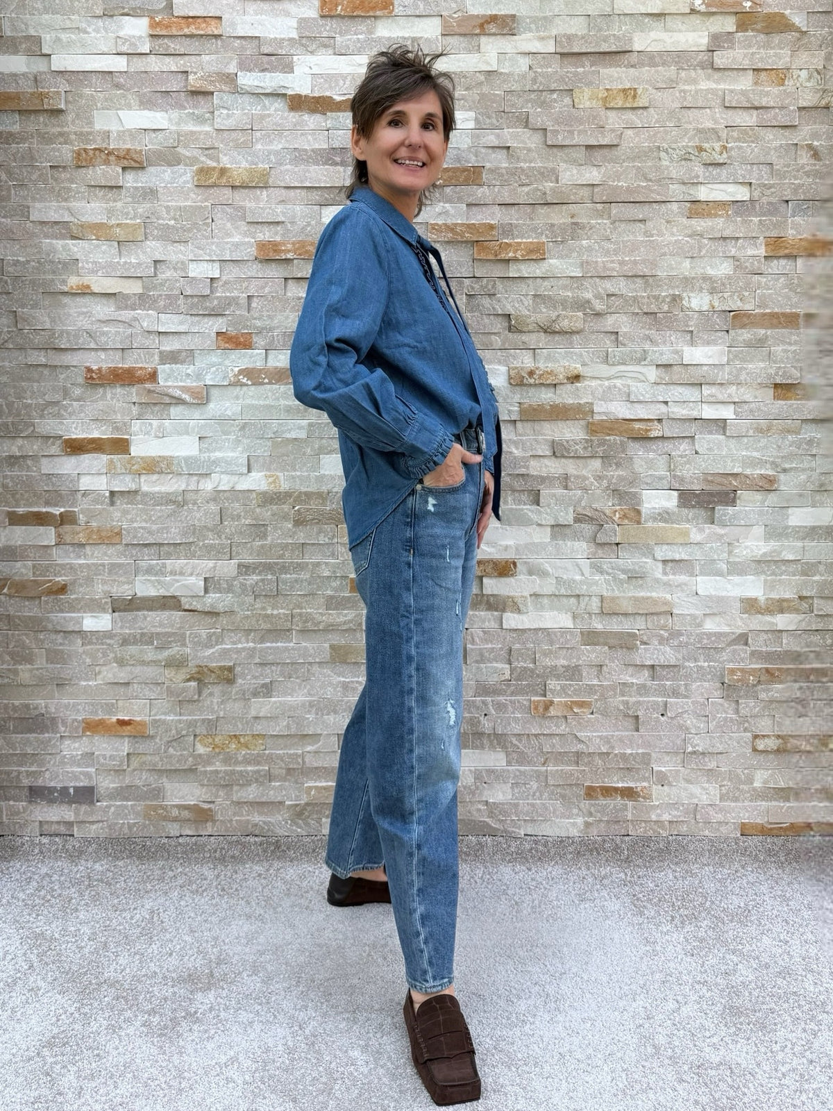 Jean Blouse with Ruffle Details and Bow in Mid-Blue