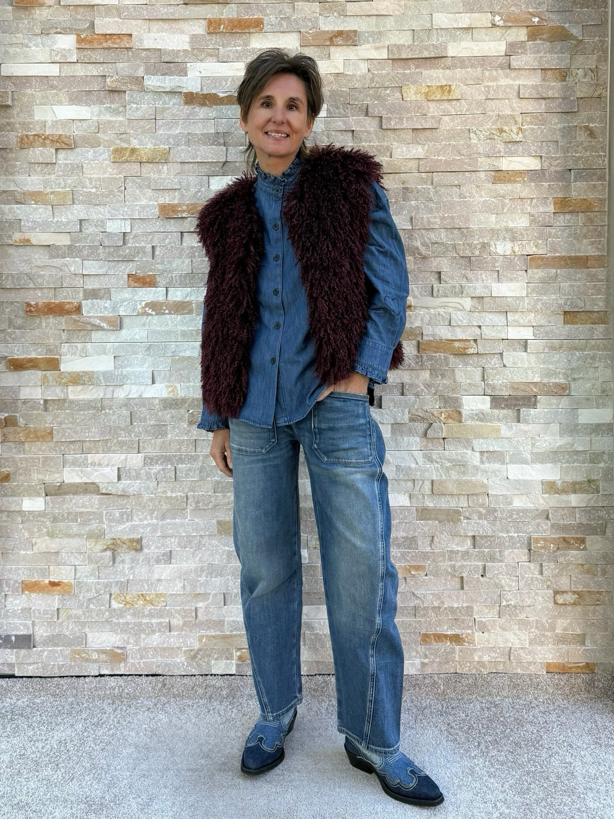 Kastige Jeans Bluse mit Rüschen in Denim Blue