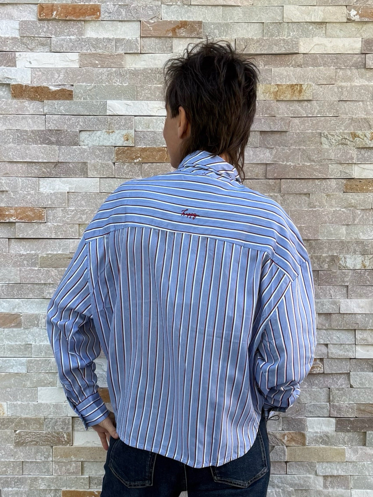 DREAM HAPPY Bow Blouse with Stripes in Blue-Red