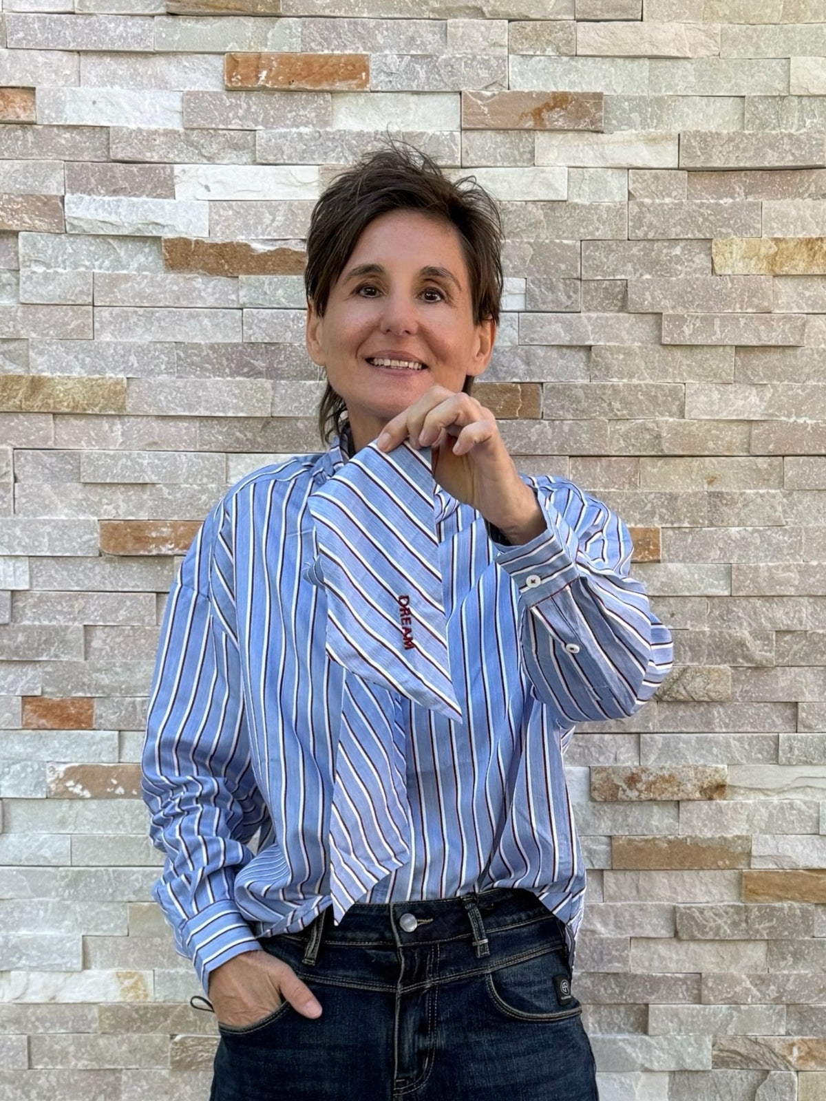 DREAM HAPPY Bow Blouse with Stripes in Blue-Red