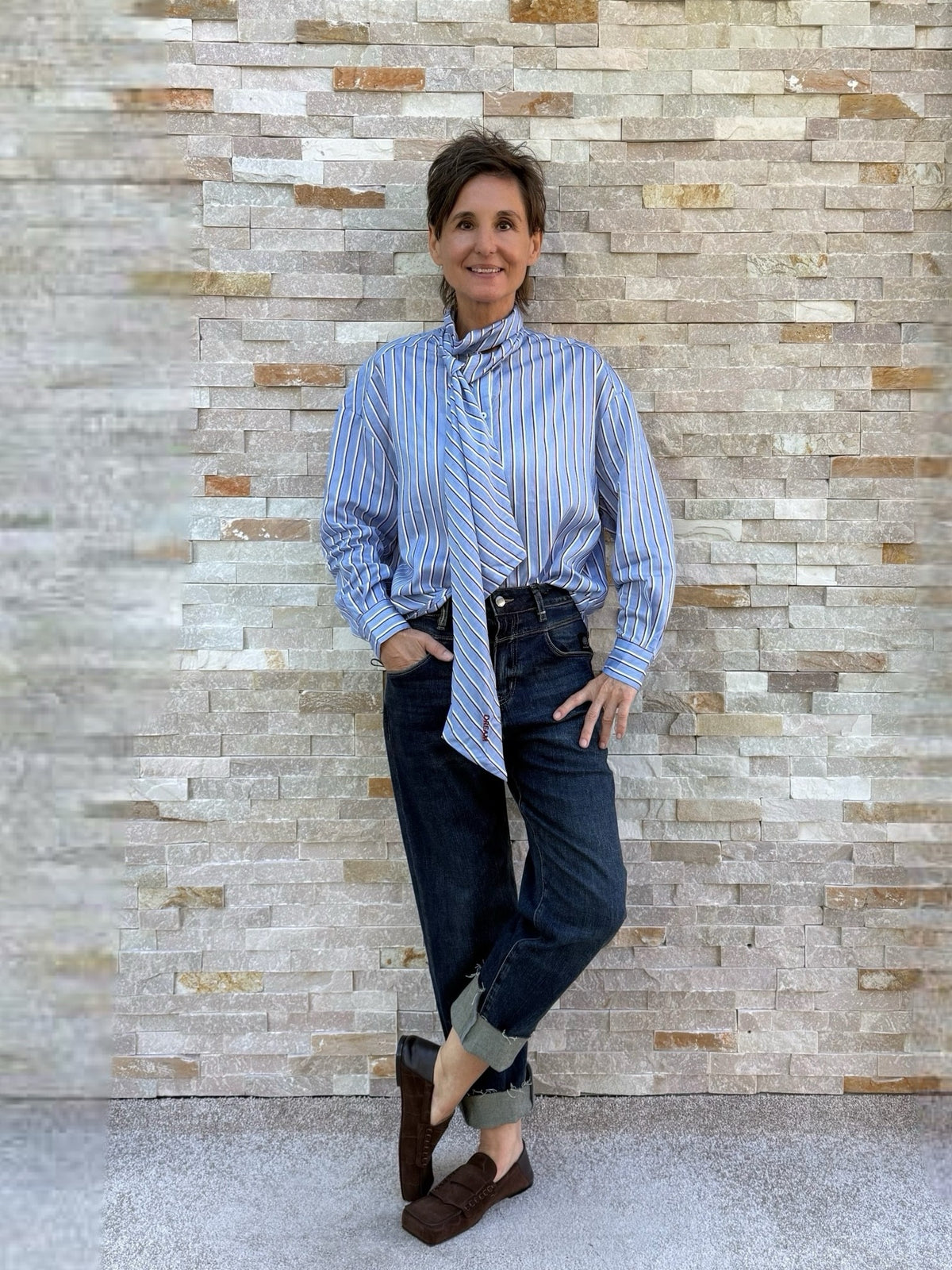 DREAM HAPPY Bow Blouse with Stripes in Blue-Red