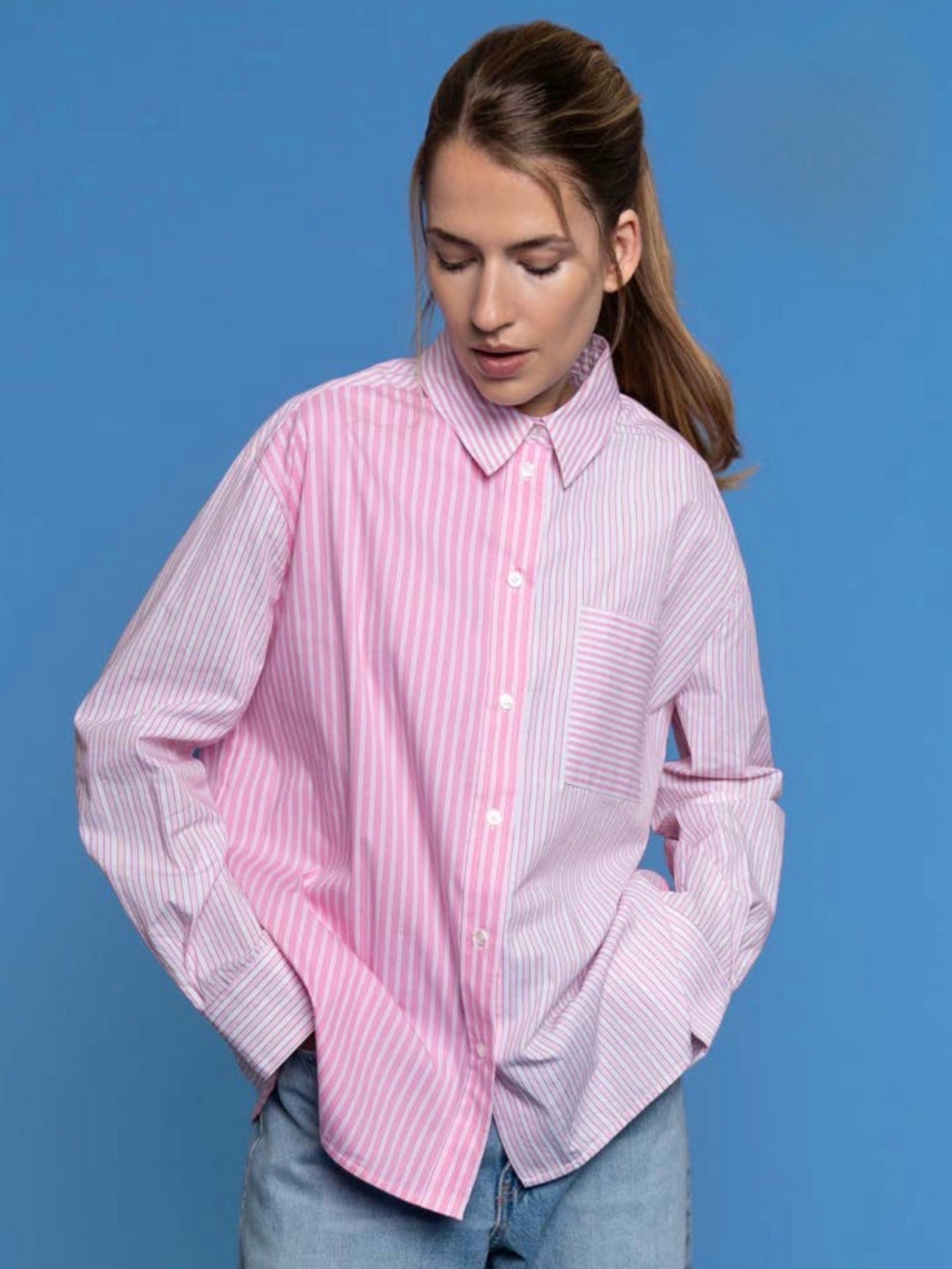 Hemdbluse im Streifen-Mix light Pink mit Weiß