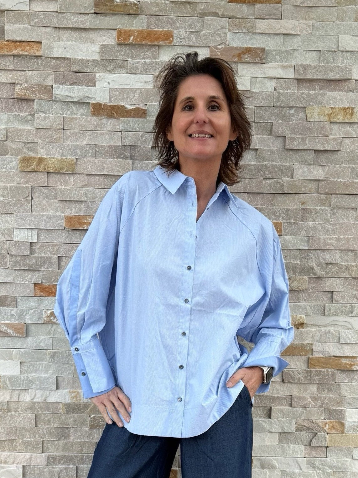 Weite Streifen Bluse in Hellblau