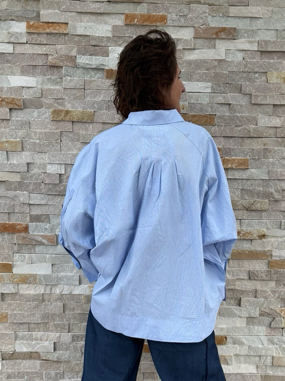 Wide Striped Blouse in Light Blue