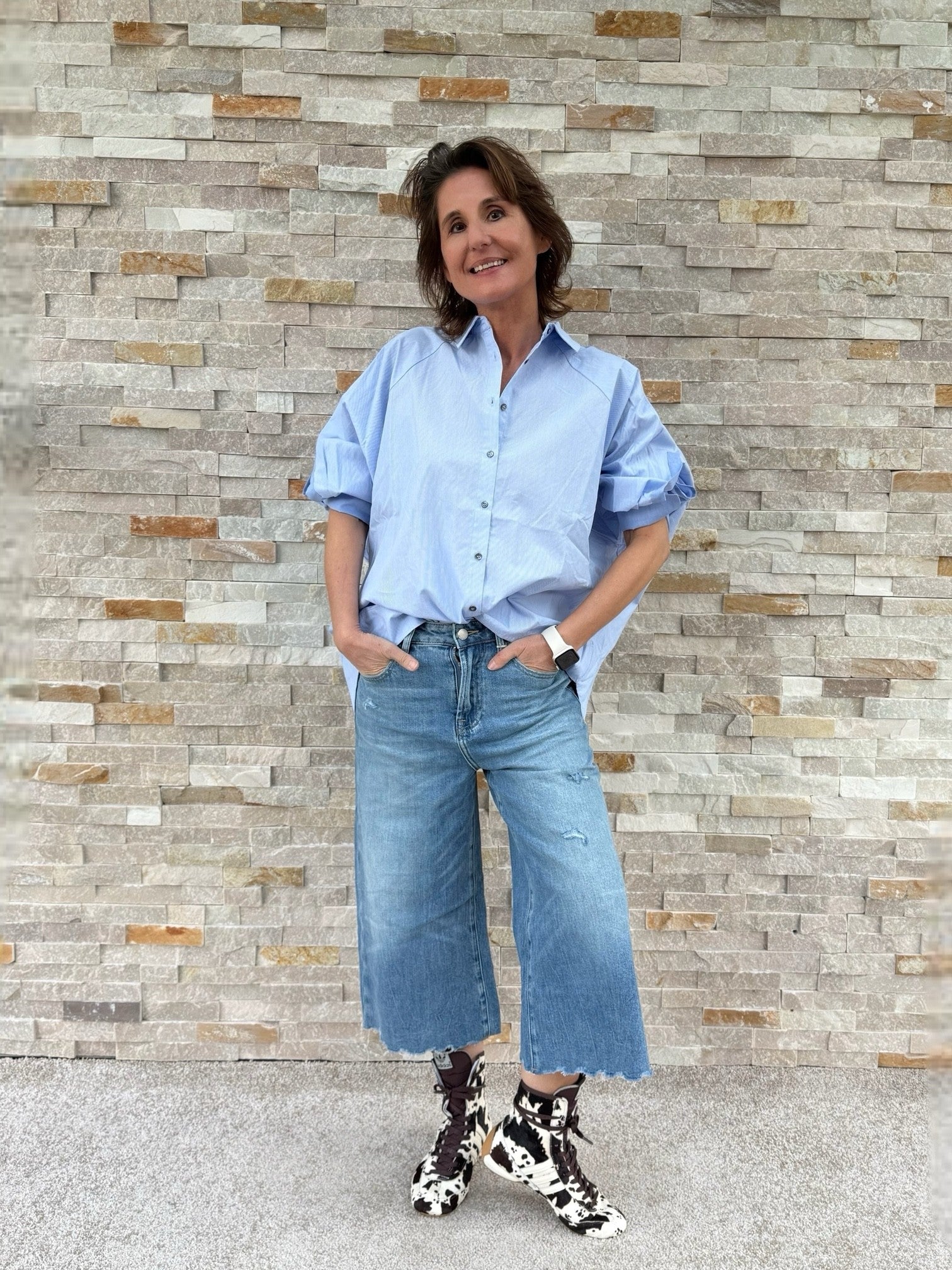 Weite Streifen Bluse in Hellblau