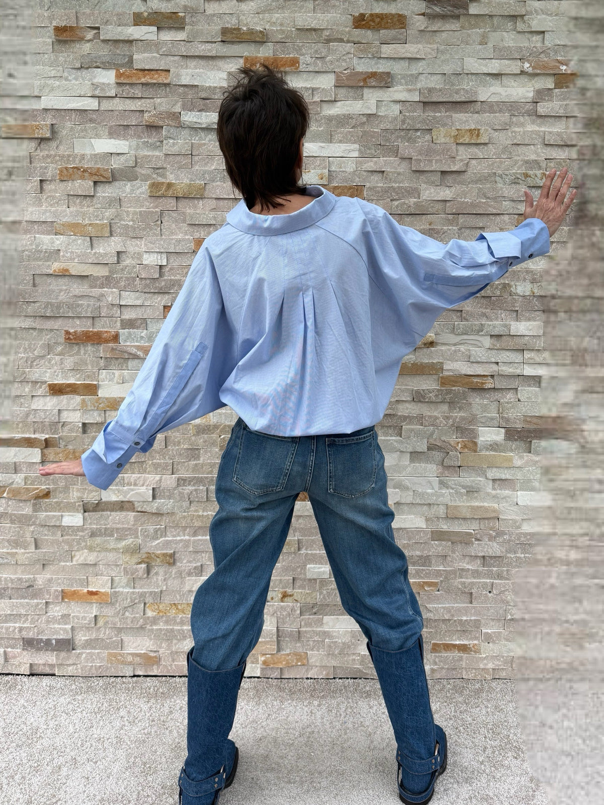 Wide Striped Blouse in Light Blue