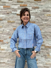 Kurze Streifen Bluse in Mittelblau