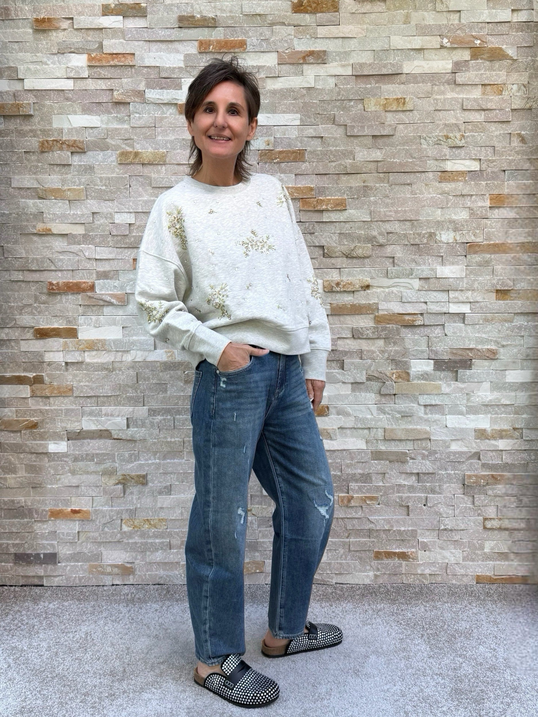 Sweatshirt mit Perlen- und Paillettenstickerei Light Beige Melange