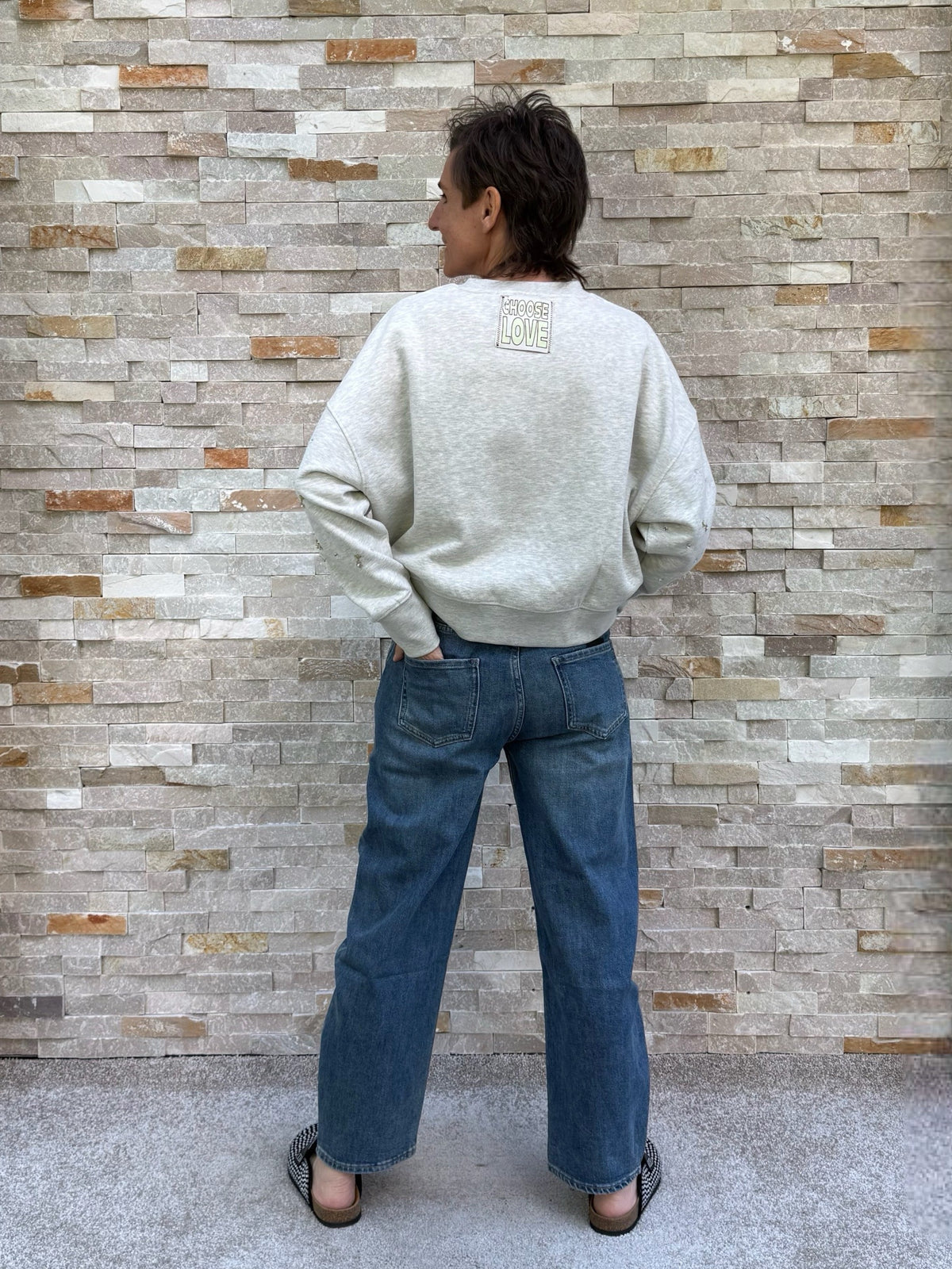 Sweatshirt mit Perlen- und Paillettenstickerei Light Beige Melange