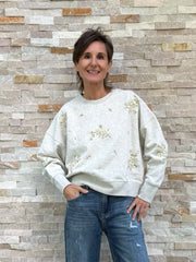 Sweatshirt mit Perlen- und Paillettenstickerei Light Beige Melange