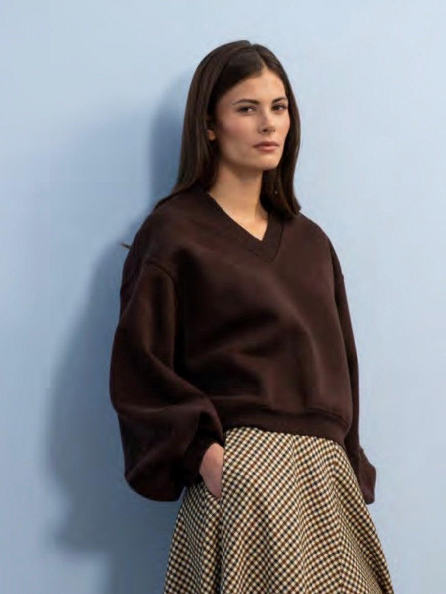 Cropped Sweatshirt mit Barrel Ärmel in Dunkelbraun