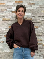 Cropped Sweatshirt mit Barrel Ärmel in Dunkelbraun