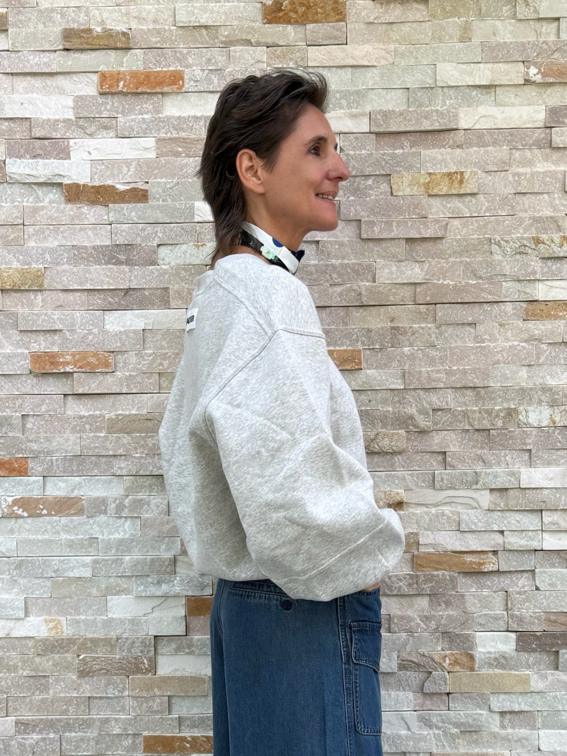 Cropped Sweatshirt with Barrel Sleeves in Light Grey